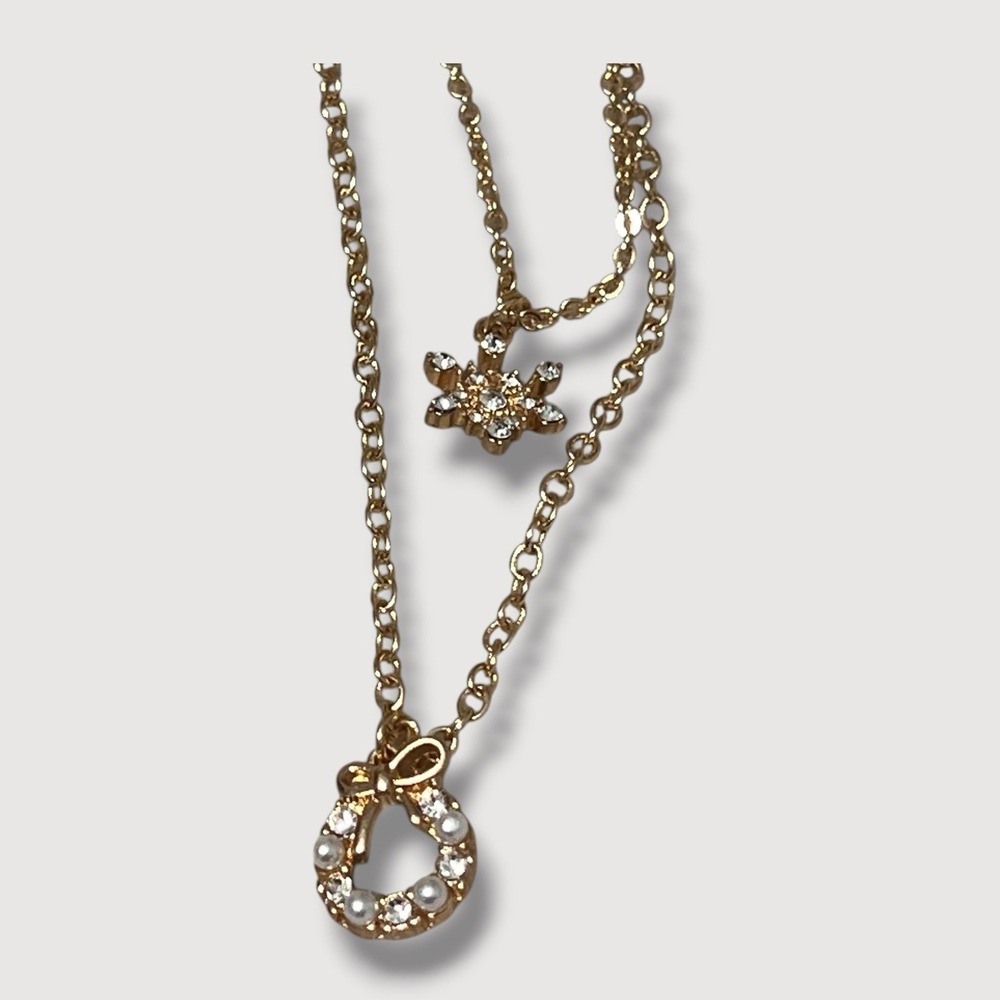 Vintage Holiday Necklace Gold Tone Double Strand Rhinestone Wreath Snowflake